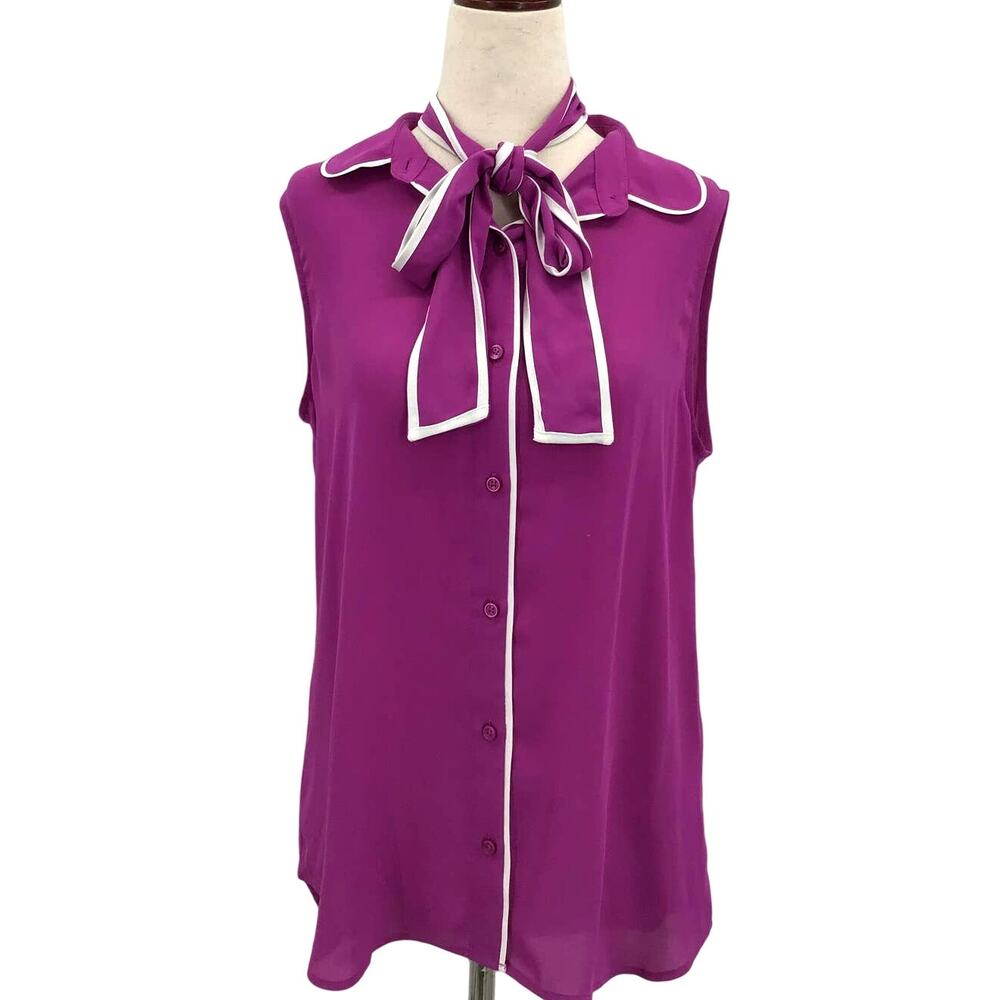 DKNY SZ S purple white trim color block collard sleeveless top blouse 0b5